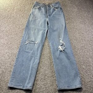 Levis Ribcage Straight Ankle Jeans Womens W25 L27 Blue Distressed Denim